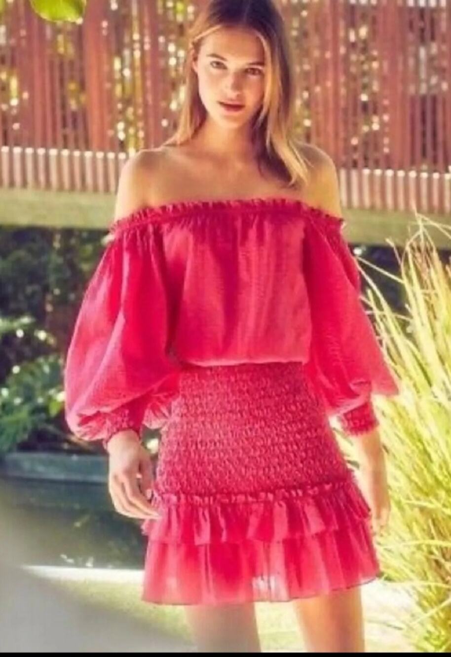 Alexis Marilena pink and orange polka dot smocked ruffled off shoulder dress L